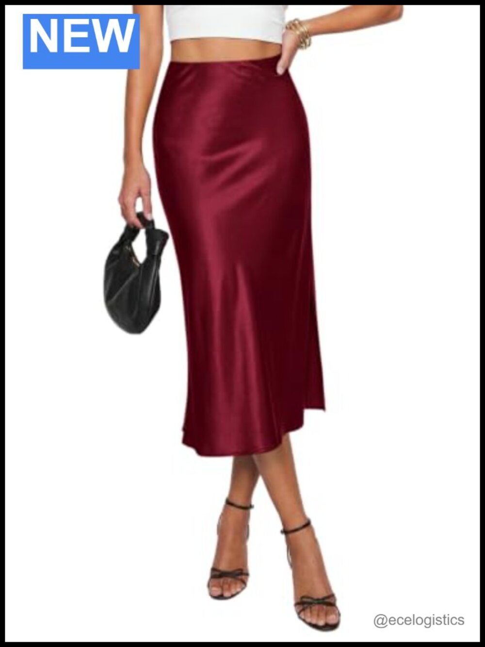 High-Waist Satin A-Line Midi Skirt in Burgundy